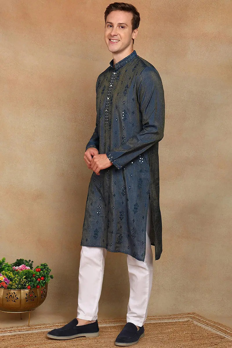 Teal Blue Jacquard Kurta for Men – Festive & Formal Wear KSF