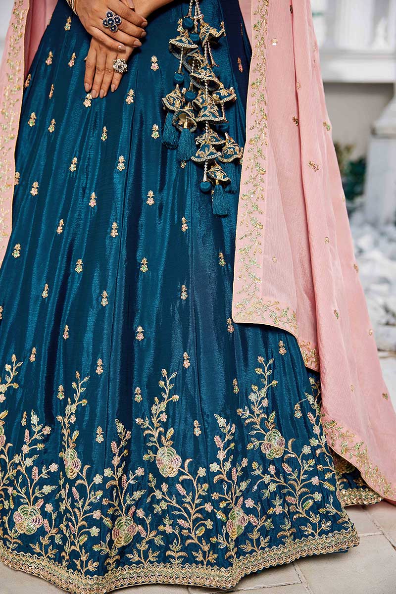 Teal Blue Lehenga Embroidered with Pink Dupatta – Festive & Wedding Wear RTI