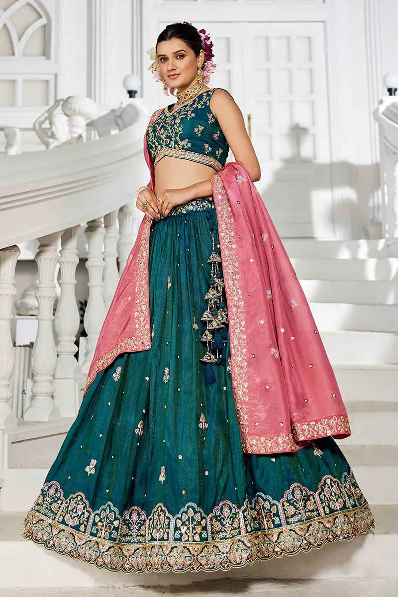 Teal Embroidered Lehenga with Pink Dupatta – Festive & Wedding Wear RTI