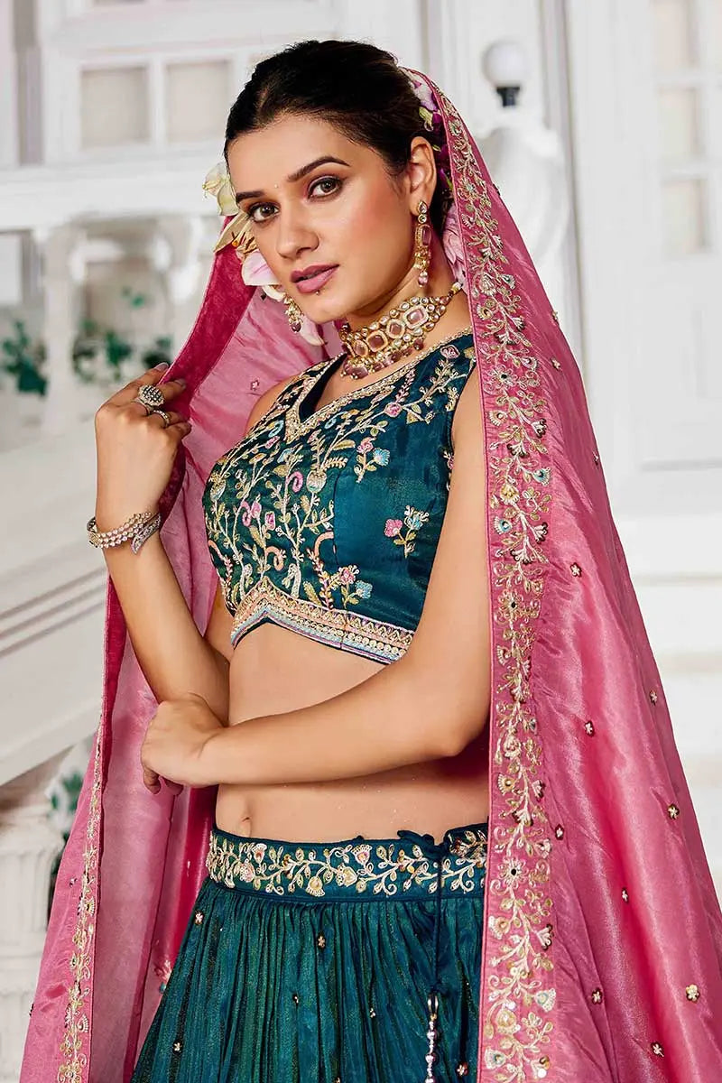 Teal Embroidered Lehenga with Pink Dupatta – Festive & Wedding Wear RTI