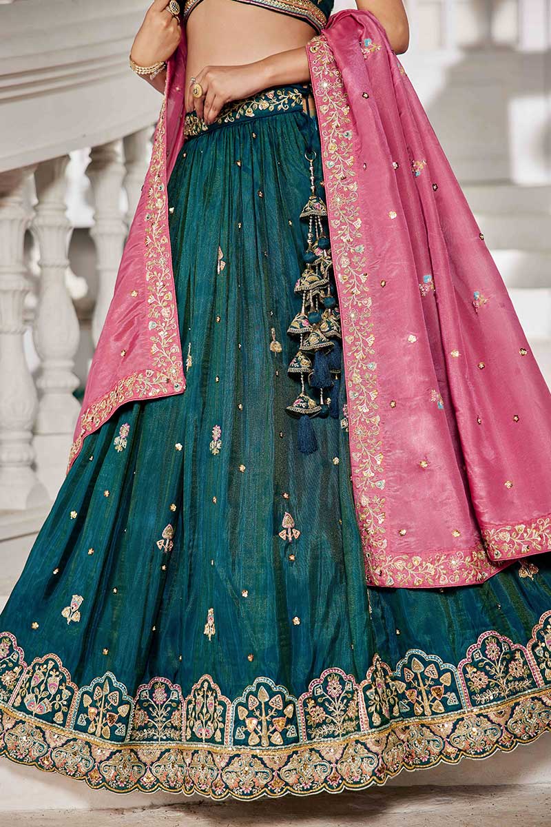 Teal Embroidered Lehenga with Pink Dupatta – Festive & Wedding Wear RTI