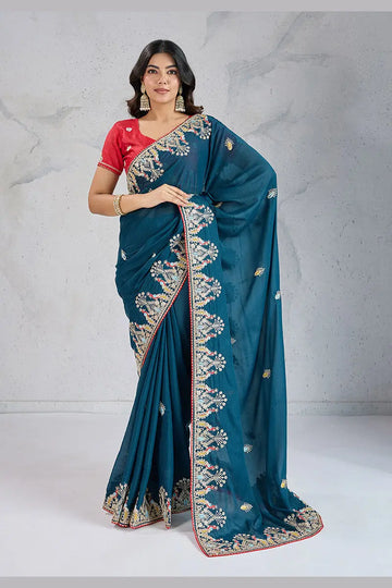 Teal Embroidered Saree with Red Blouse – Festive & Party Wear RTI
