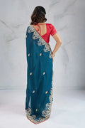 Teal Embroidered Saree with Red Blouse – Festive & Party Wear RTI