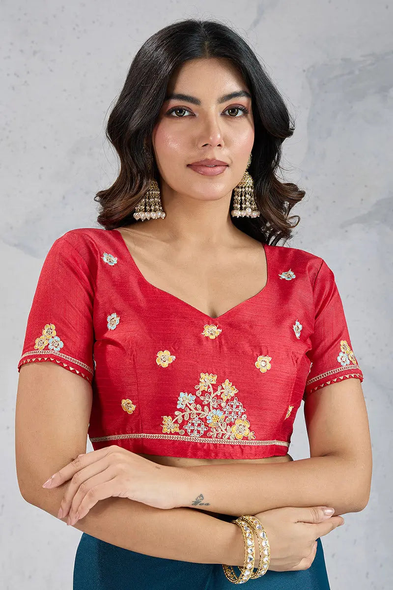 Teal Embroidered Saree with Red Blouse – Festive & Party Wear RTI