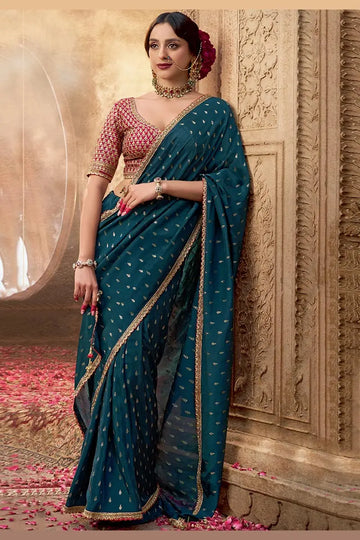 Teal Handwoven Banarasi Saree with Rani Pink Embroidered Blouse VA
