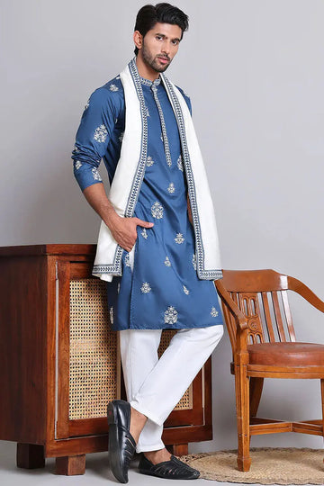 Teal blue Cotton Silk Sequins Embroidered Kurta Pajama Dupatta Set - Traditional Wear VA