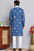 Teal blue Cotton Silk Sequins Embroidered Kurta Pajama Dupatta Set - Traditional Wear VA