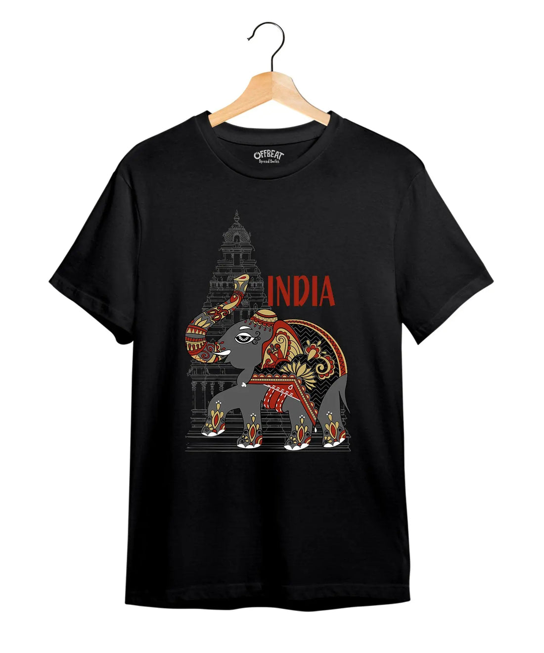 Temple Elephant Art Printed T-Shirt – Premium Round Neck - Black & Pigeon Blue - 100% Cotton Offbeat
