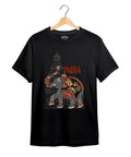 Temple Elephant Art Printed T-Shirt – Premium Round Neck - Black & Pigeon Blue - 100% Cotton Offbeat