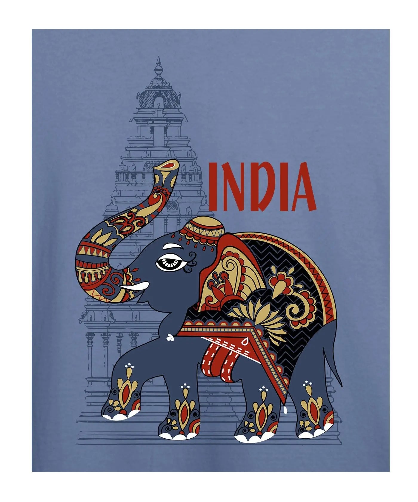 Temple Elephant Art Printed T-Shirt – Premium Round Neck - Black & Pigeon Blue - 100% Cotton Offbeat