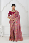 Threaded Blossoms: Pink Saree with Colorful Floral Embroidery KSR
