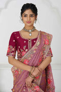 Threaded Blossoms: Pink Saree with Colorful Floral Embroidery KSR