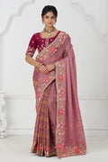 Threaded Blossoms: Pink Saree with Colorful Floral Embroidery KSR