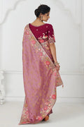 Threaded Blossoms: Pink Saree with Colorful Floral Embroidery KSR