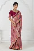 Threaded Blossoms: Pink Saree with Colorful Floral Embroidery KSR