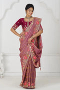 Threaded Blossoms: Pink Saree with Colorful Floral Embroidery KSR