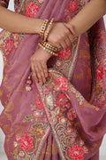 Threaded Blossoms: Pink Saree with Colorful Floral Embroidery KSR