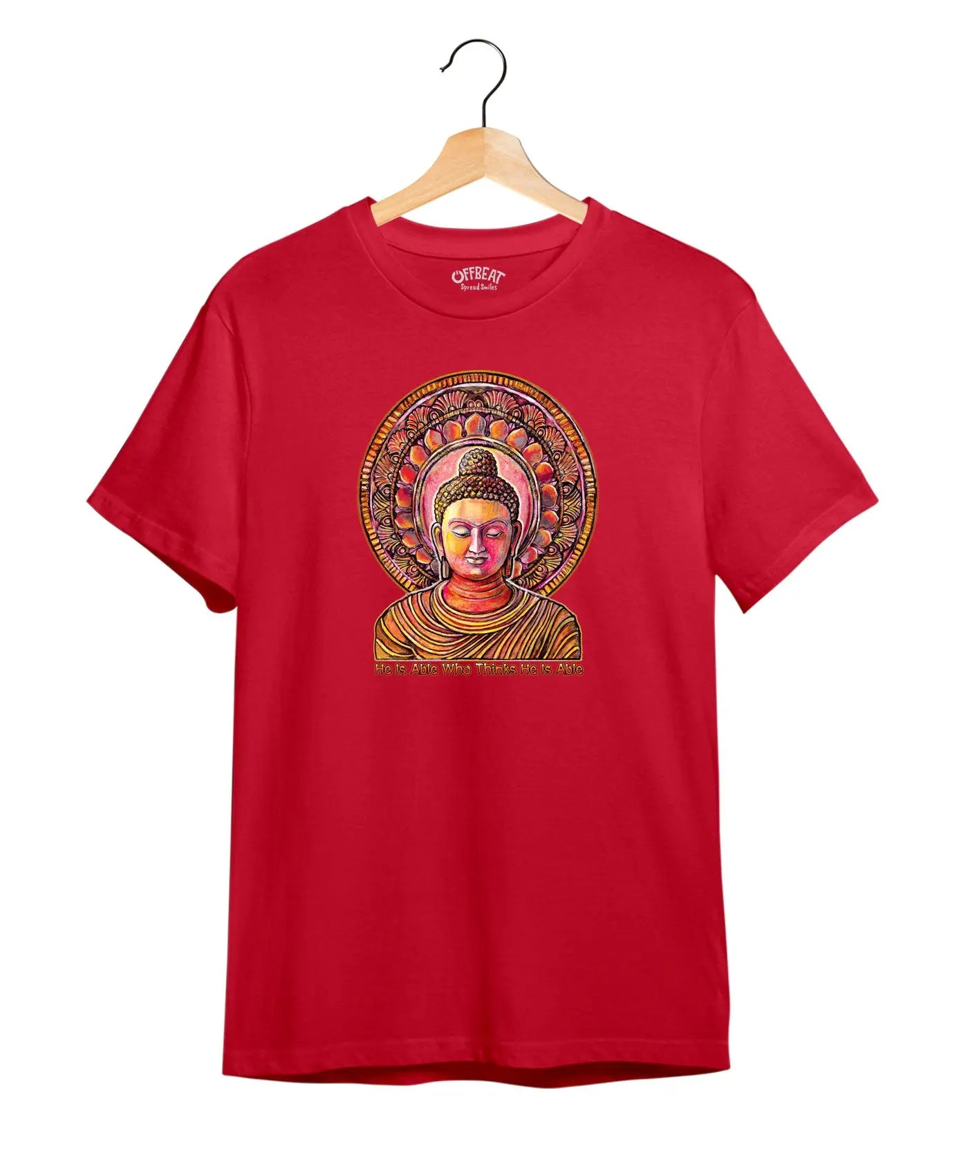 Vibrant Buddha Print T-Shirt – Inspirational Quote – Premium Round Neck - Red - 100% Cotton Offbeat