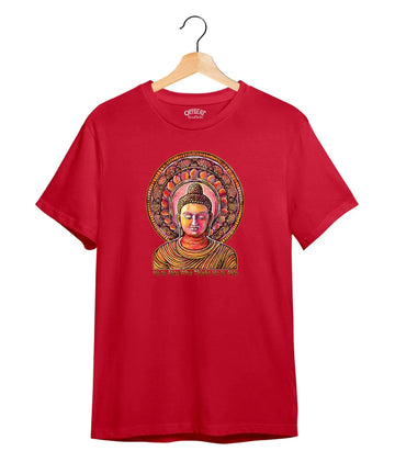 Vibrant Buddha Print T-Shirt – Inspirational Quote –  Premium Round Neck - Red - 100% Cotton Offbeat