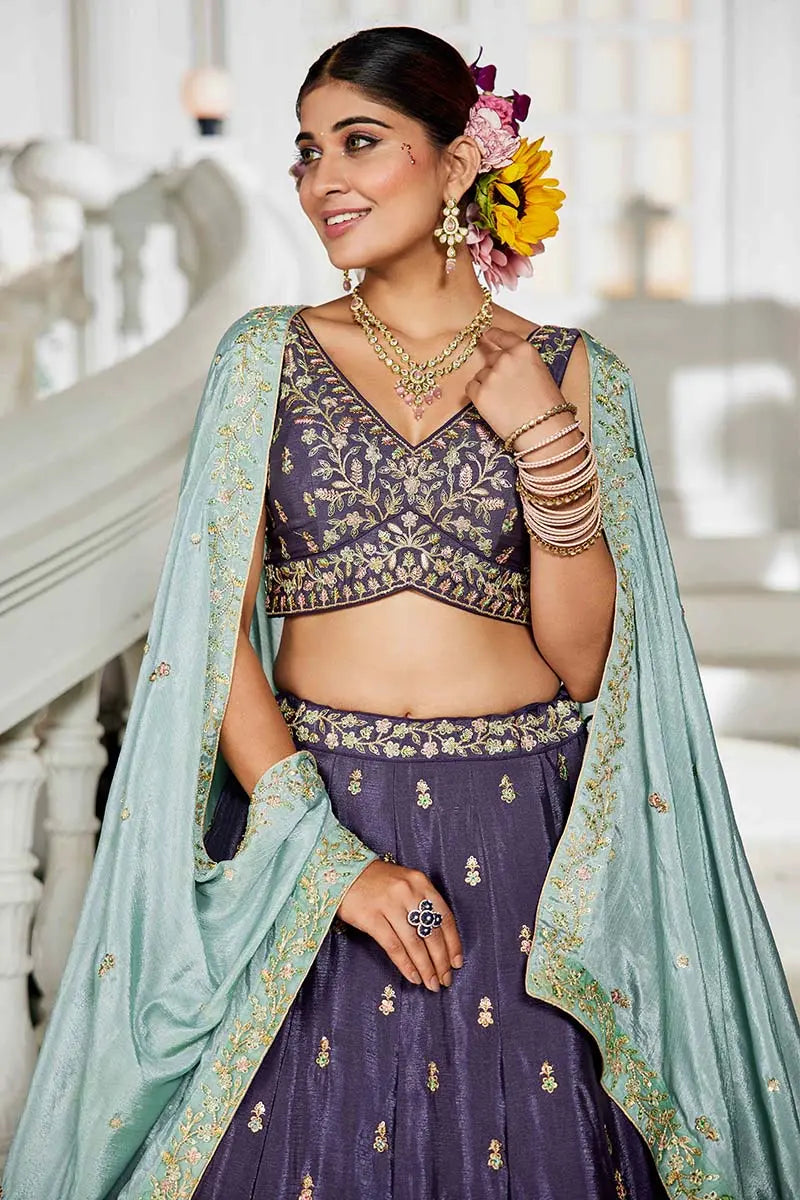 Violet Embroidered Lehenga with Sky Blue Dupatta – Festive & Wedding Wear RTI