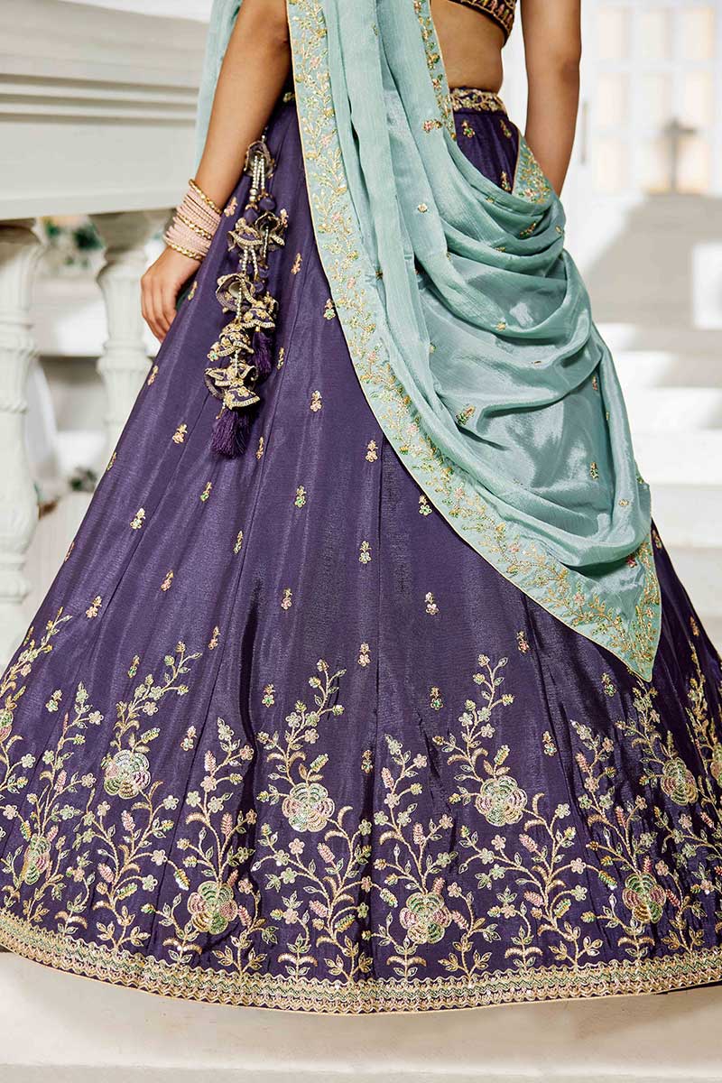 Violet Embroidered Lehenga with Sky Blue Dupatta – Festive & Wedding Wear RTI