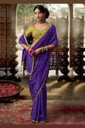 Violet Handwoven Banarasi Saree with Lemon Embroidered Blouse VA