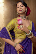 Violet Handwoven Banarasi Saree with Lemon Embroidered Blouse VA