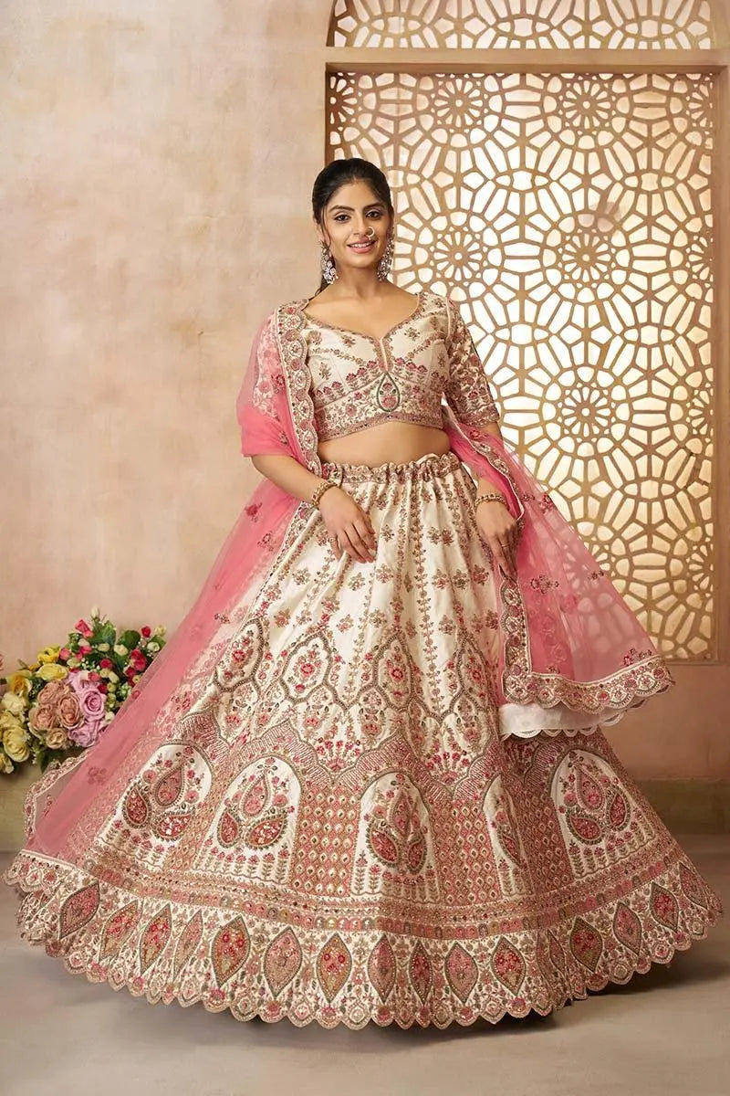 Whimiscal white Imperial Patterned Embroidered Bridal Lehenga KSR