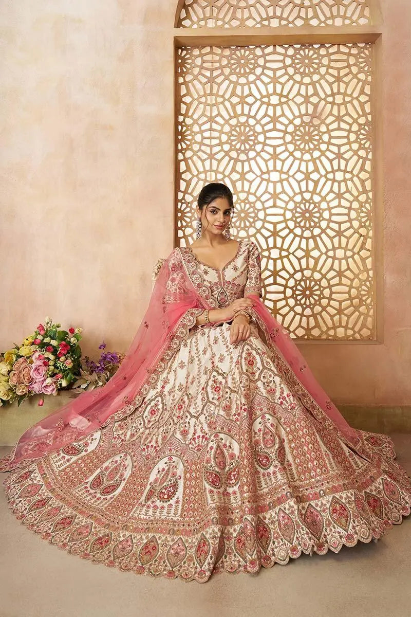 Whimiscal white Imperial Patterned Embroidered Bridal Lehenga KSR