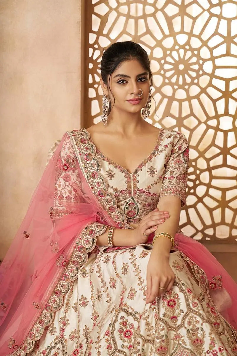Whimiscal white Imperial Patterned Embroidered Bridal Lehenga KSR
