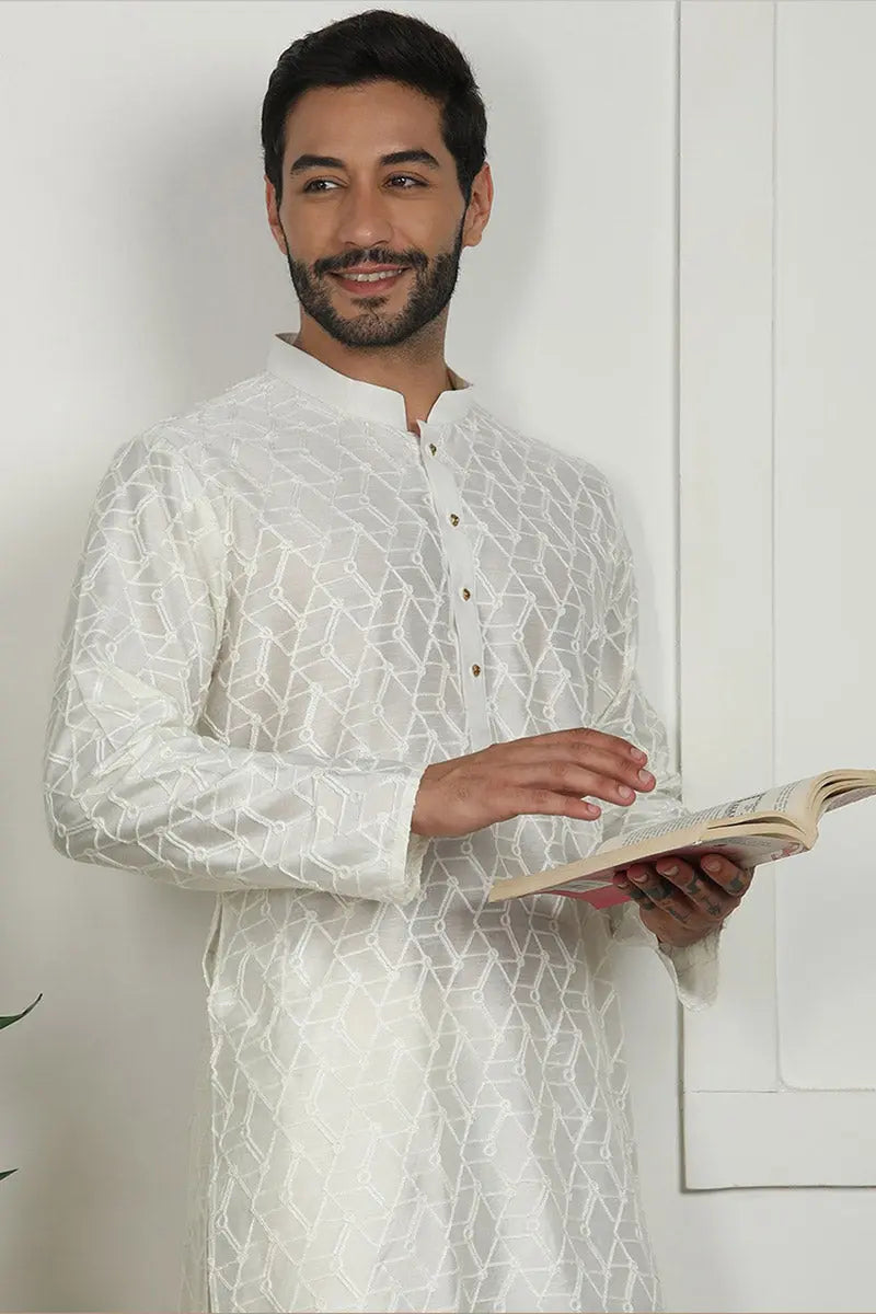 White Jacquard Kurta for Men – Festive & Formal Wear KSF