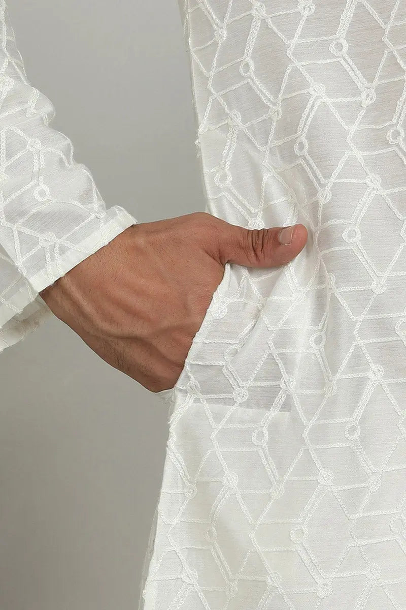 White Jacquard Kurta for Men – Festive & Formal Wear KSF
