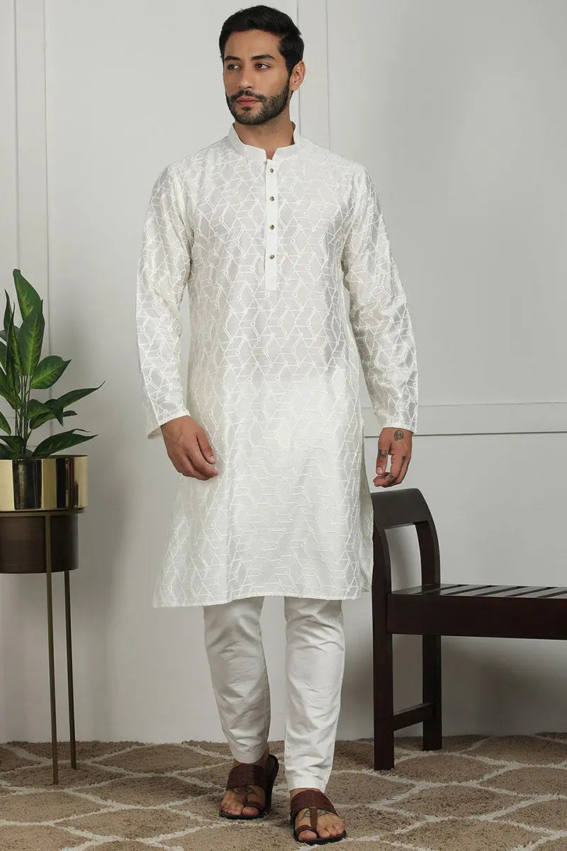 White Jacquard Kurta for Men – Festive & Formal Wear KSF