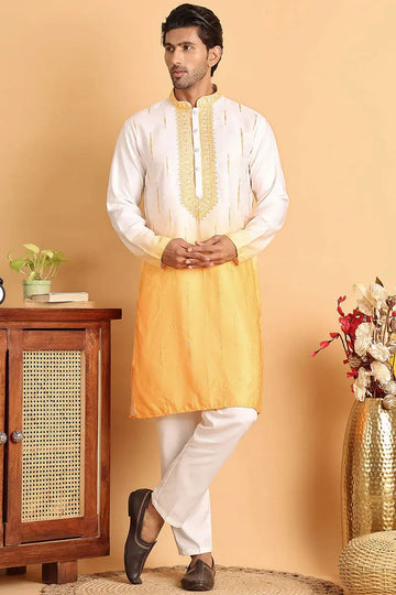 White Yellow Embroidered Designer Kurta Pajama Set - Traditional Wear VA