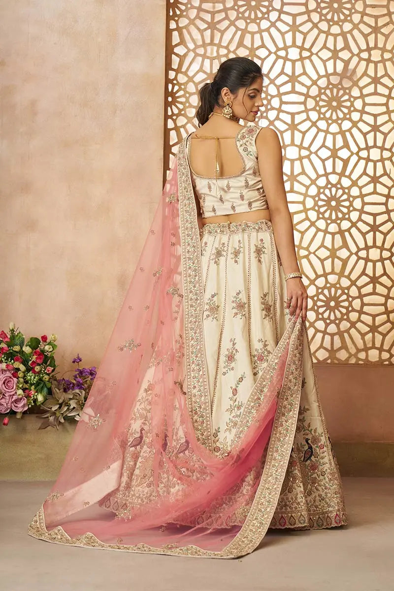 White Zari Silk Lehenga Choli with Pink Net Dupatta | Sequins & Thread Embroidery | Semi-Stitched KSR