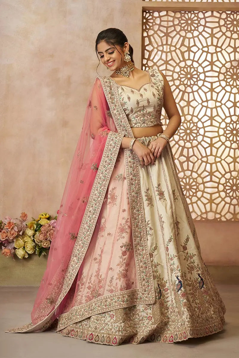 White Zari Silk Lehenga Choli with Pink Net Dupatta | Sequins & Thread Embroidery | Semi-Stitched KSR