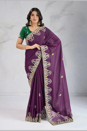 Wine Embroidered Saree with Green Blouse – Festive & Party Wear RTI