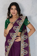 Wine Embroidered Saree with Green Blouse – Festive & Party Wear RTI