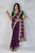 Wine Embroidered Saree with Green Blouse – Festive & Party Wear RTI
