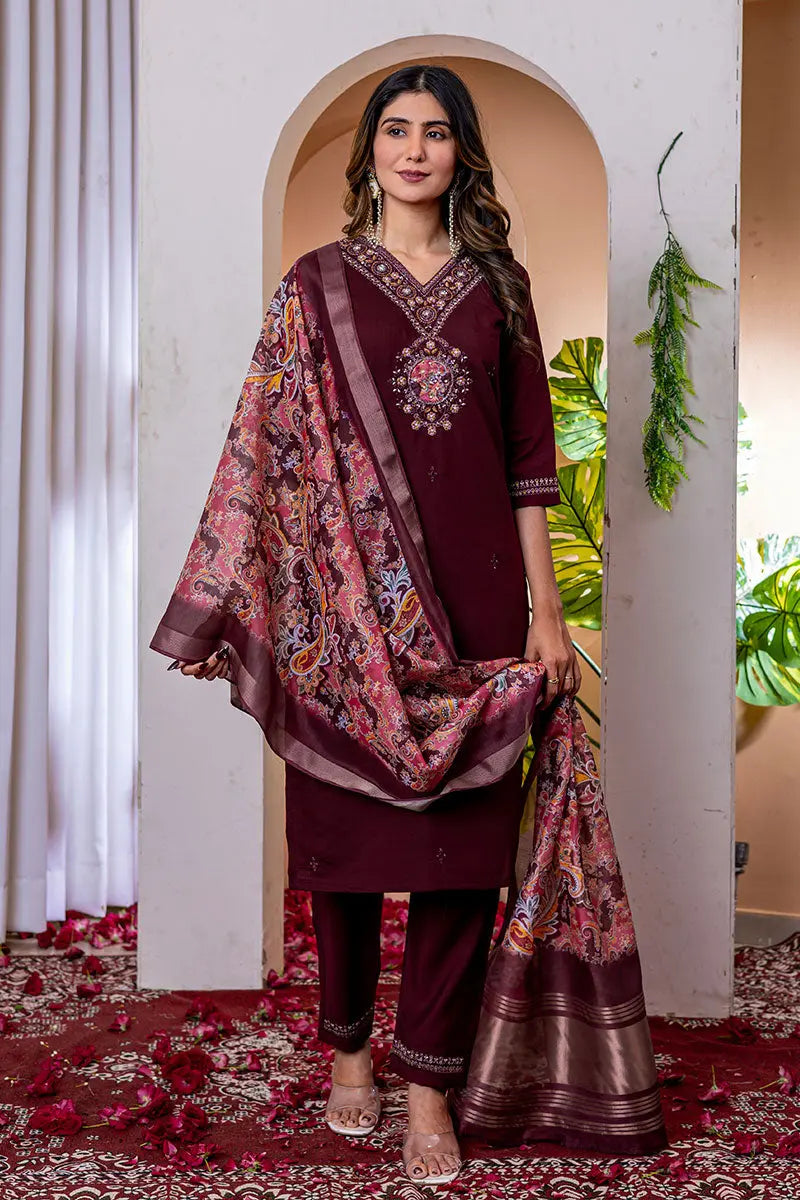 Wine Emerald Elegance Embroidered Suit with Floral Dupatta PR