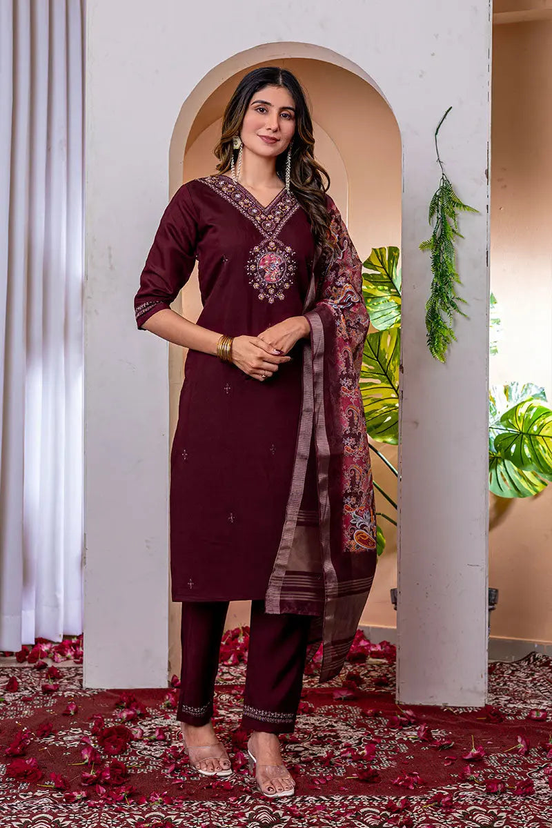 Wine Emerald Elegance Embroidered Suit with Floral Dupatta PR