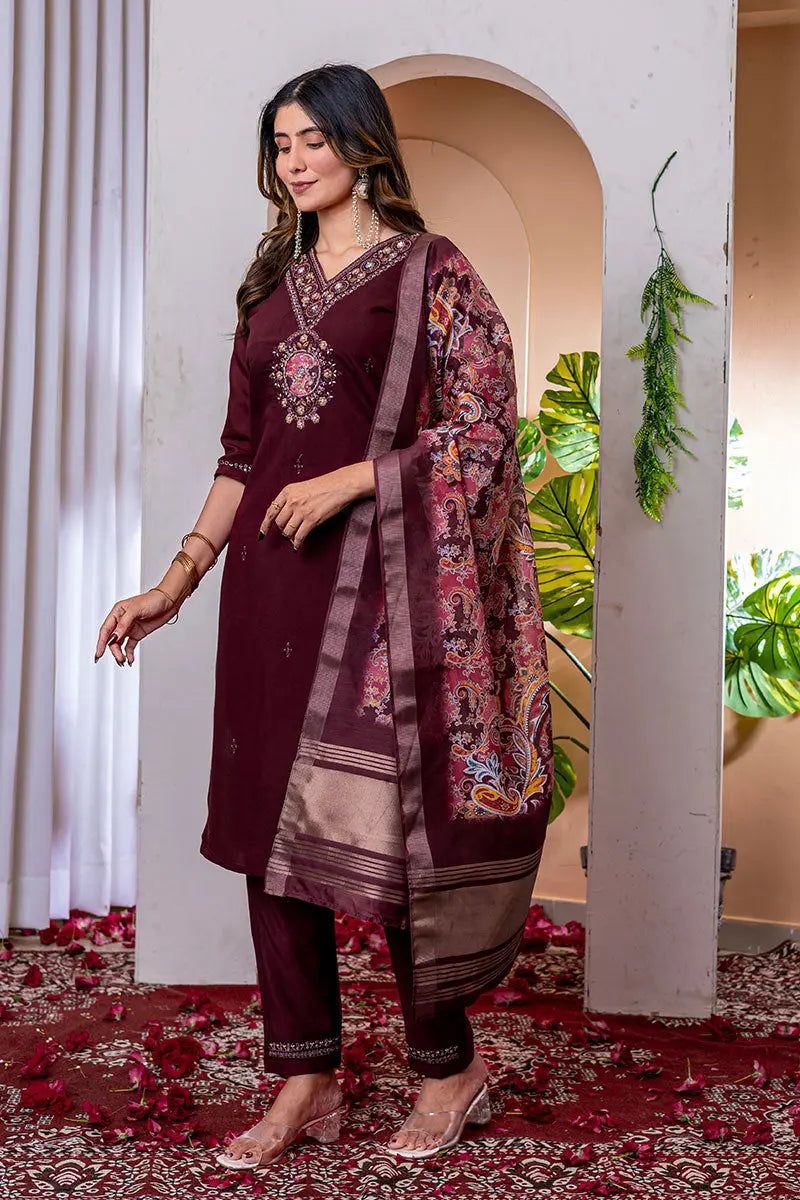 Wine Emerald Elegance Embroidered Suit with Floral Dupatta PR