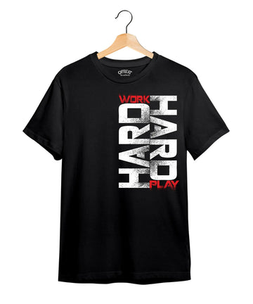 "Work Hard" Printed T-Shirt – Premium Round Neck - Black - 100% Cotton Offbeat