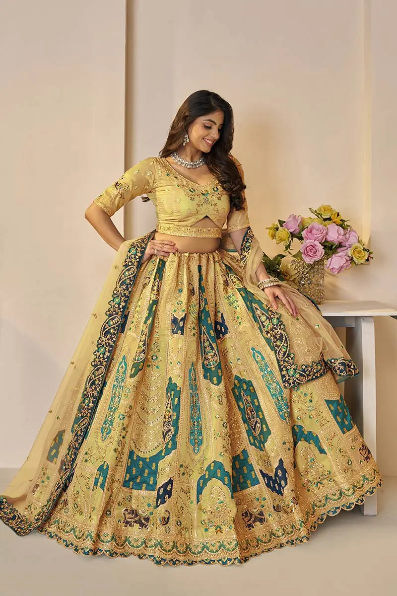 Yellow Banarasi Silk Lehenga Choli with Net Dupatta – Hand Embroidery, Sequins & Thread Work KSR