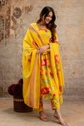 Yellow Floral Printed Cotton Kurta Set with Print Dupatta KSF