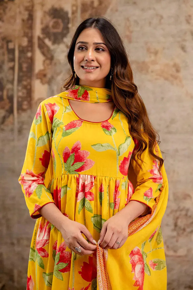Yellow Floral Printed Cotton Kurta Set with Print Dupatta KSF
