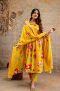 Yellow Floral Printed Cotton Kurta Set with Print Dupatta KSF