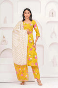 Yellow Floral Printed Cotton Kurta Set with Print Dupatta KSF