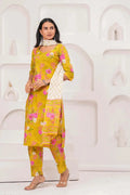 Yellow Floral Printed Cotton Kurta Set with Print Dupatta KSF