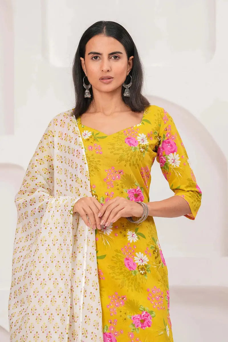 Yellow Floral Printed Cotton Kurta Set with Print Dupatta KSF